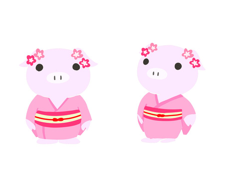 Full body illustration of a pig wearing pink Japanese clothes, , JPG and PNG