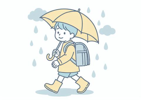 雨の日に登校する小学生男児のイラスト 人物,イラスト,ベクター,日本人,アジア人,中国人,白バック,子供,男の子,小学生のイラスト素材
