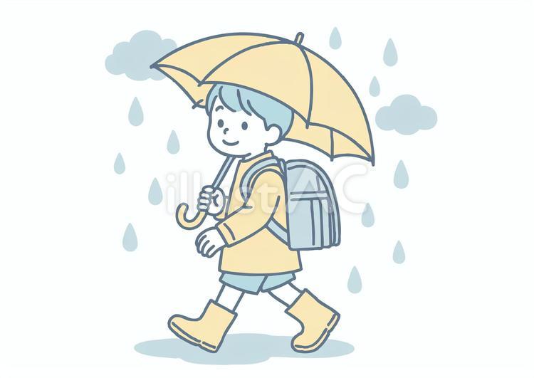 雨の日に登校する小学生男児のイラスト 人物,イラスト,ベクターのイラスト素材