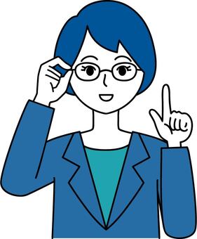 指差し眼鏡をくいっとするスーツ姿の女性 女性,指差し,眼鏡,メガネ,発見,ポイント,提案,案内,解説,お知らせのイラスト素材