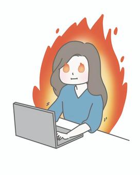 繁忙期に燃えるやる気満々の女性 モチベーション,やる気,集中力,熱意,努力,意欲,奮闘,炎上,燃える,本気のイラスト素材