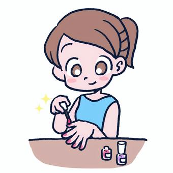 ネイルアートをする女性　イラスト 手描き,ネイル,ネイルアート,セルフネイル,マニキュア,ジェルネイル,お手入れ,ハンドケア,おしゃれ,美容のイラスト素材