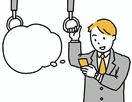 スマホをみる男性 スマホ,男性,吊り革,スーツ,コート,吹き出し,サラリーマンのイラスト素材
