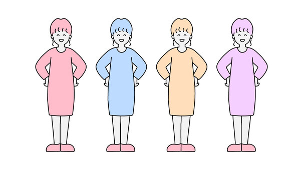 シンプルタッチの全身女性の色違いセット 女性,シンプル,ワンピース,全身,笑顔,セットのイラスト素材