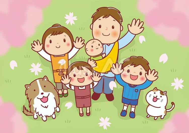 桜を見上げる家族とペットたち 桜,見上げる,花びらのイラスト素材