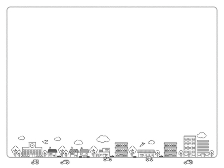 街並みフレーム フレーム,街並み,モノクロ,町,車,雲,家,建物,ビル,会社のイラスト素材