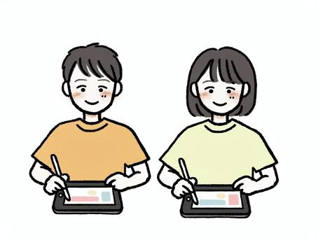 タブレット学習をする子ども・端末・授業 子ども,タブレット,学習,操作,端末,授業,タブレット学習,勉強,小学生,小学校のイラスト素材