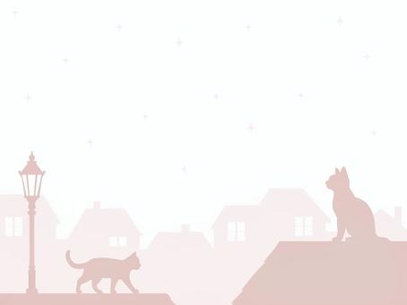 猫と夜の街並のシルエット背景（ピンク） 猫,シルエット,背景,夜,街並み,星,テンプレート,動物,壁紙,ピンクのイラスト素材