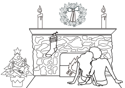塗り絵・クリスマス・暖炉・男女のカップル