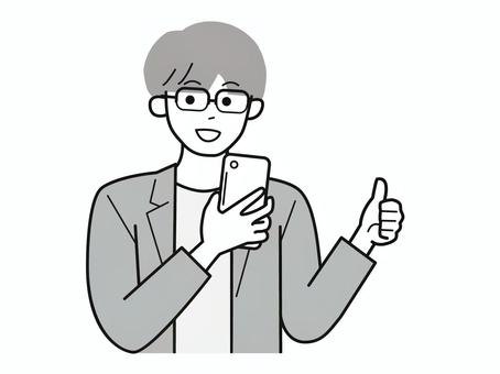 スマホとグッドサイン働く男性A/白黒 スマホとグッドサイン働く男性A/白黒 スマホ,親指,サイン,男性,お父さん,会社員,アドバイザー,20代,30代,40代のイラスト素材