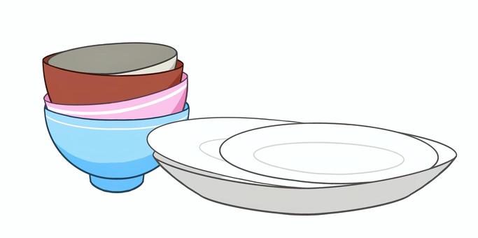 重ねた食器のイラスト 食器,皿,平皿,大皿,小皿,茶碗,お椀,生活,食事,食後のイラスト素材