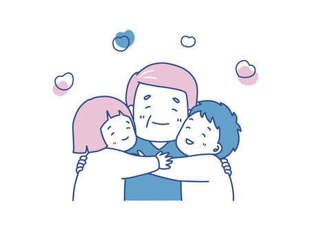 祖父にハグをする孫たちのイラスト素材 敬老の日,祖父,孫,笑顔,ハグ,幸福,笑う,医療,福祉,介護のイラスト素材