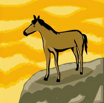 馬夕方の崖 馬夕方の崖 馬,野生,動物,立ち姿,崖,岩,空,夕方,夕焼け,自然のイラスト素材