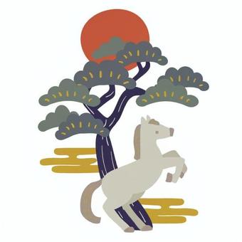 松と馬 馬,松の木,太陽,雲,地面模様,樹木,蹄,たてがみ,立ち上がる馬,日の出のイラスト素材