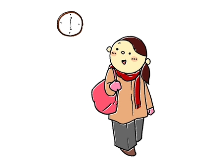 時計を見る女の子 時計,掛け時計,女の子,お姉さん,女性,大人,社会人,学生,冬,歩くのイラスト素材