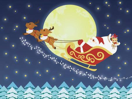 トナカイとソリに乗ったサンタさん② クリスマス,サンタクロース,トナカイ,そり,動物,人物,プレゼント,くま,ぬいぐるみ,キラキラのイラスト素材
