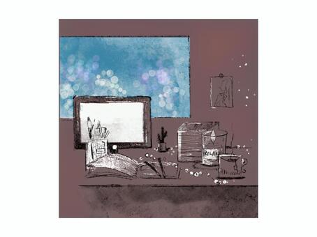 夜のデスク 夜,デスク,線画,おしゃれ,シンプル,パステルカラー,くすみカラーのイラスト素材