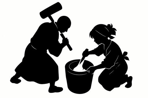 餅つき中の様子 餅つき,お正月,正月,元旦,年末年始,行事,冬,季節,餅,鏡餅のイラスト素材
