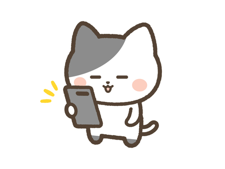 スマホを眺めるねこ（シチサン） ねこ,スマホ,見る,気付く,眺める,携帯,スマートフォン,日常,表情,かわいいのイラスト素材