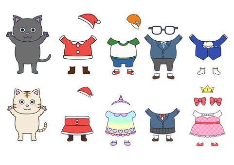 ねこ　着せ替え ねこ,着せ替え,服,サンタ,ドレス,制服,メガネ,王冠,帽子のイラスト素材