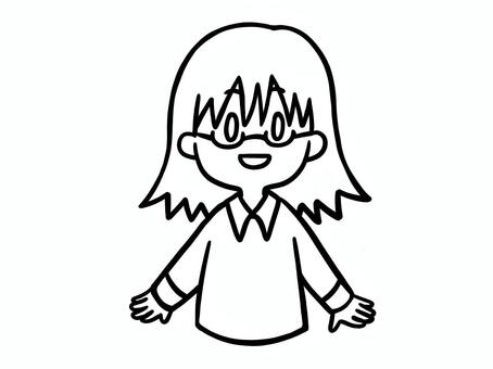 跳ね髪の元気な女の子　線画 女の子,メガネ,髪,跳ねる,笑顔,キャラクター,ポジティブ,豊か,活発,おちゃめのイラスト素材