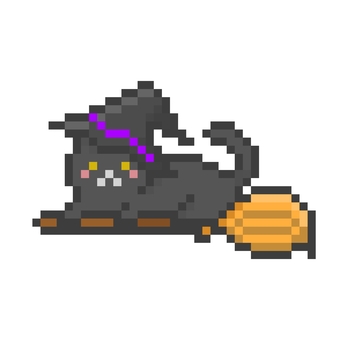 ドット絵のほうきに乗った魔女ねこ 黒 ピクセル,ピクセルアート,ドット絵,かわいい,猫,黒猫,黒,ポーズ,ほうき,飛ぶのイラスト素材