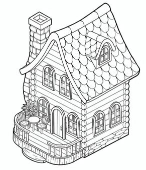 ログハウス ぬり絵,手書き,線画,白黒,塗り絵,ぬりえ,ログハウス,建物,椅子,机のイラスト素材