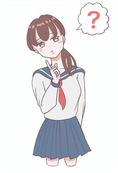首をかしげる学生 学生,10代,セーラー服,手描き,疑問,正面,青色,ポニーテールのイラスト素材