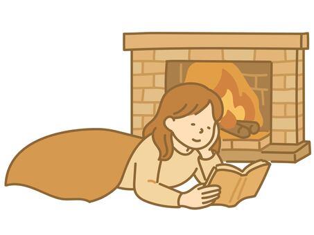 暖炉のそばで読書をする女性のイラスト 女性,暖炉,冬,暖まる,温かい,家,部屋,読書,本,寒いのイラスト素材