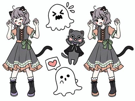 猫耳の女の子の可愛いイラスト！2 ハロウィン,秋,10月,イベント,行事,女の子,女性,人物,黒猫,猫のイラスト素材