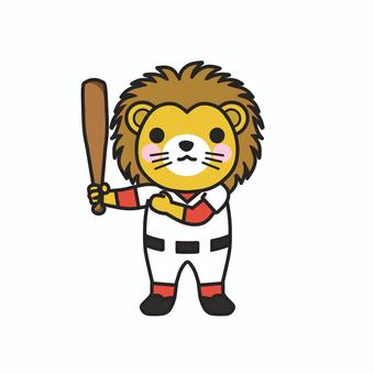 野球のバットを持ってポーズをとるライオン