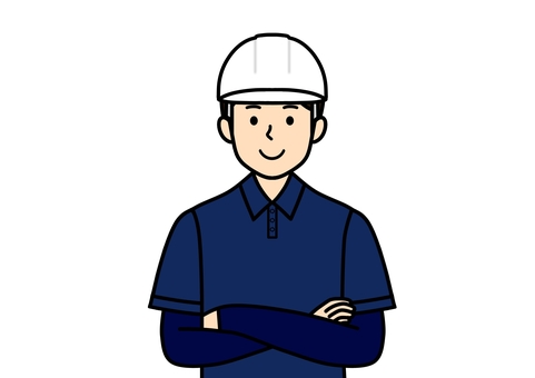 腕組み姿の屋根職人・塗装工・建築業の男性 腕組み,塗装工,屋根職人,職人,ヘルメット,ポロシャツ,男性,長袖,紺色,建築業のイラスト素材