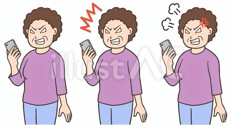 スマホを見てキレる女性、怒り顔 スマホ,画面,見るのイラスト素材