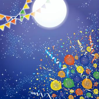 紙吹雪65 紙吹雪,リボン,風船,旗,月,星,夜空,満月,背景,飾りのイラスト素材