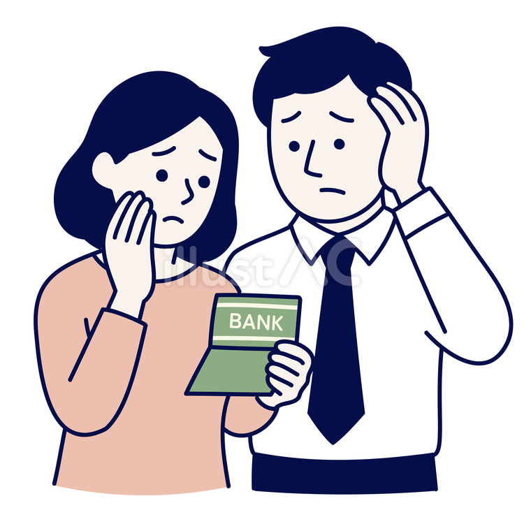 通帳を見て悩む夫婦の表情 夫婦,通帳,貯金のイラスト素材