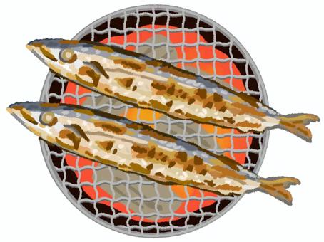炭と炎が入った網に乗った二匹のさんま さんま,秋刀魚,網,焼き魚,炭,焼く,秋,魚,金網,調理のイラスト素材