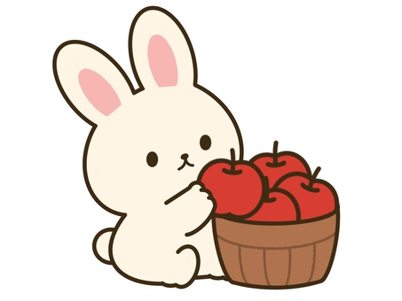 林檎を籠いっぱいに収穫するうさぎ うさぎ,りんご,フルーツ,カゴ,収穫,動物,かわいい,おしゃれ,ワンポイント,アイコンのイラスト素材