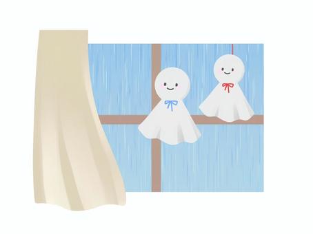 Two Teru Teru Bozu_Window_Rain_Curtain, JPG, PNG and AI Two Teru Teru Bozu_Window_Rain_Curtain, teru teru boss, rainy season, rain, JPG, PNG and AI