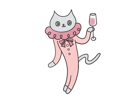 パーティーニャンコ ピンクシャンパン,猫,グレー,ピンク,リボン,グリーンアイ,手描き風,線画,シンプル,襟巻きのイラスト素材