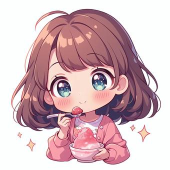 いちごかき氷を食べる女の子