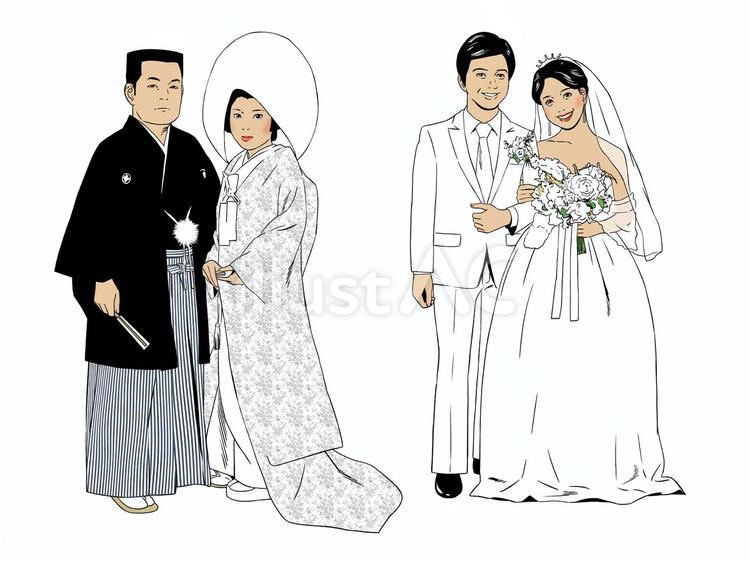 昭和の新郎新婦 男性,女性,着物のイラスト素材