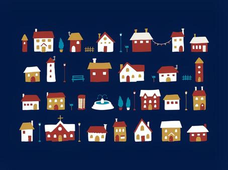 クリスマスカラーの家の街並みセット 家,町,クリスマス,カラー,冬,かわいい,セット,カラフル,赤,ゴールドのイラスト素材