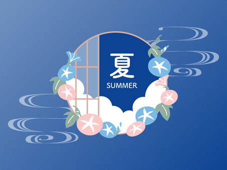 夏らしい朝顔の涼しげな背景素材 夏,朝顔,あさがお,夏の花,フレーム,枠,窓,背景,涼しい,和のイラスト素材