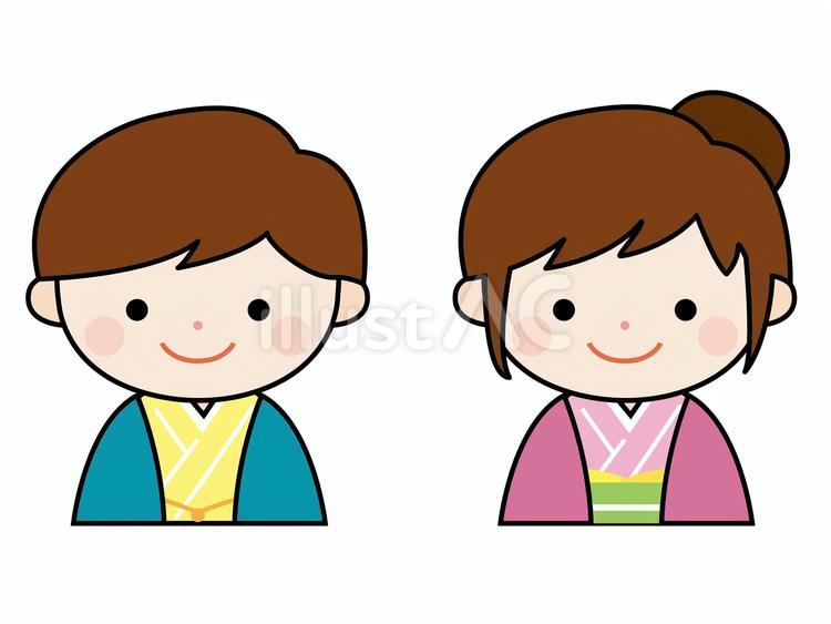 着物を着た男の子と女の子、線あり、カラー 着物,服,和装のイラスト素材