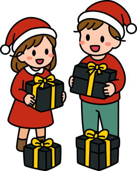 黒のプレゼントを貰う男子女子です。 プレゼント,シンプル,ギフト,喜ぶ,受け取り,サプライズ,笑顔,贈り物,手渡し,お祝いのイラスト素材