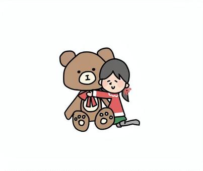 クマのぬいぐるみと女の子 ゆるかわ,ほんわか,可愛い,優しい,癒し,ちびキャラ,シンプル,シュール,クリスマス,女の子のイラスト素材