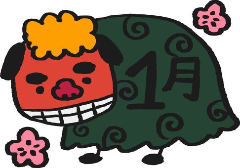 1月のタイトルイラストの獅子舞 1月,冬,タイトル,見出し,梅,花,可愛い,シンプル,手書きのイラスト素材