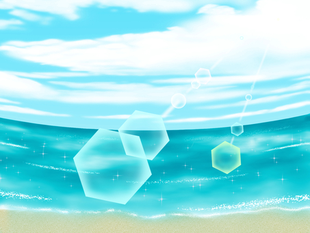 海のイラスト_魚眼風(レンズフレアあり) 海,海原,魚眼レンズ,魚眼構図,ダイナミック,レンズフレア,逆光,きらきら,眩しい,日差しのイラスト素材