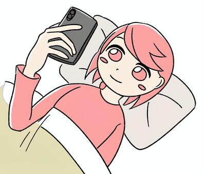 桃色の女の子が寝ながらスマホ見てる 女の子,ピンク,手描き,スマホ,スマートフォン,寝ながらスマホ,布団,ベッド,横になる,リラックスのイラスト素材