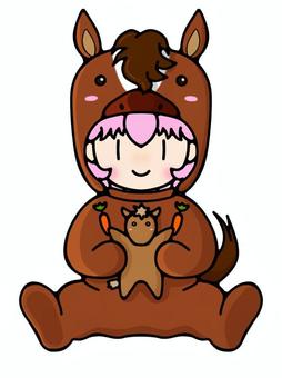 茶馬の着ぐるみを着た人(被り物) 馬,干支,午年,着ぐるみ,仮装,人物,動物,挿絵,かわいい,茶色のイラスト素材